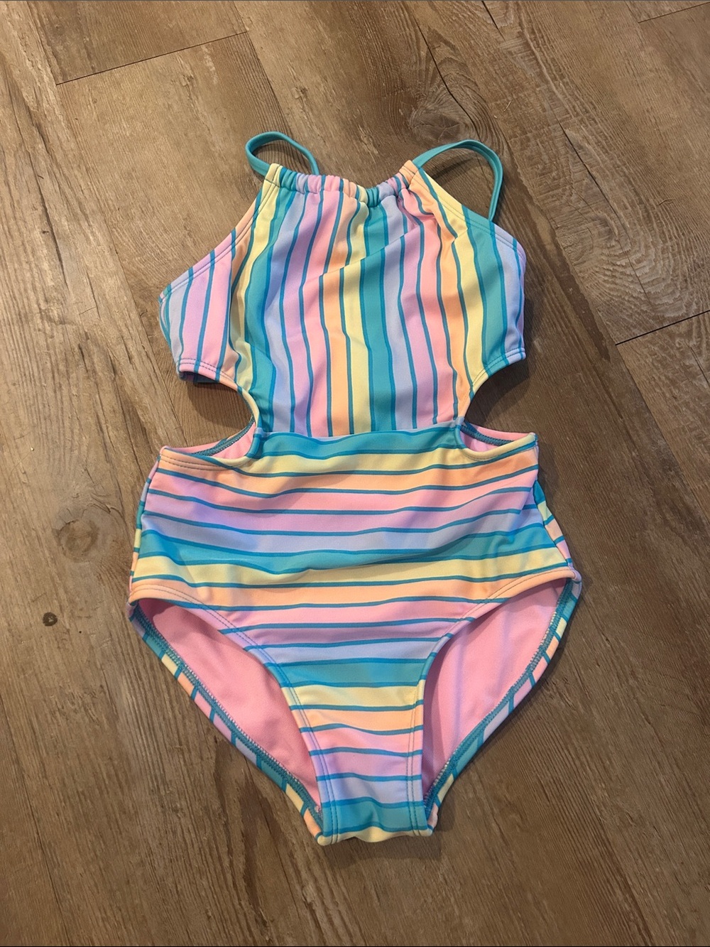 NWT Cat and Jack  Pastel Rainbow Stripe Cutout One-Piece Swimsuit